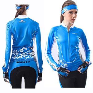 Sponeed Women's Cycling Long Sleeve Jersey Blue White Three Pockets Back Size M